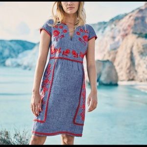 Boden Bea Blue Linen Shift Dress Floral Embroidered Cap Sleeve V-Neck